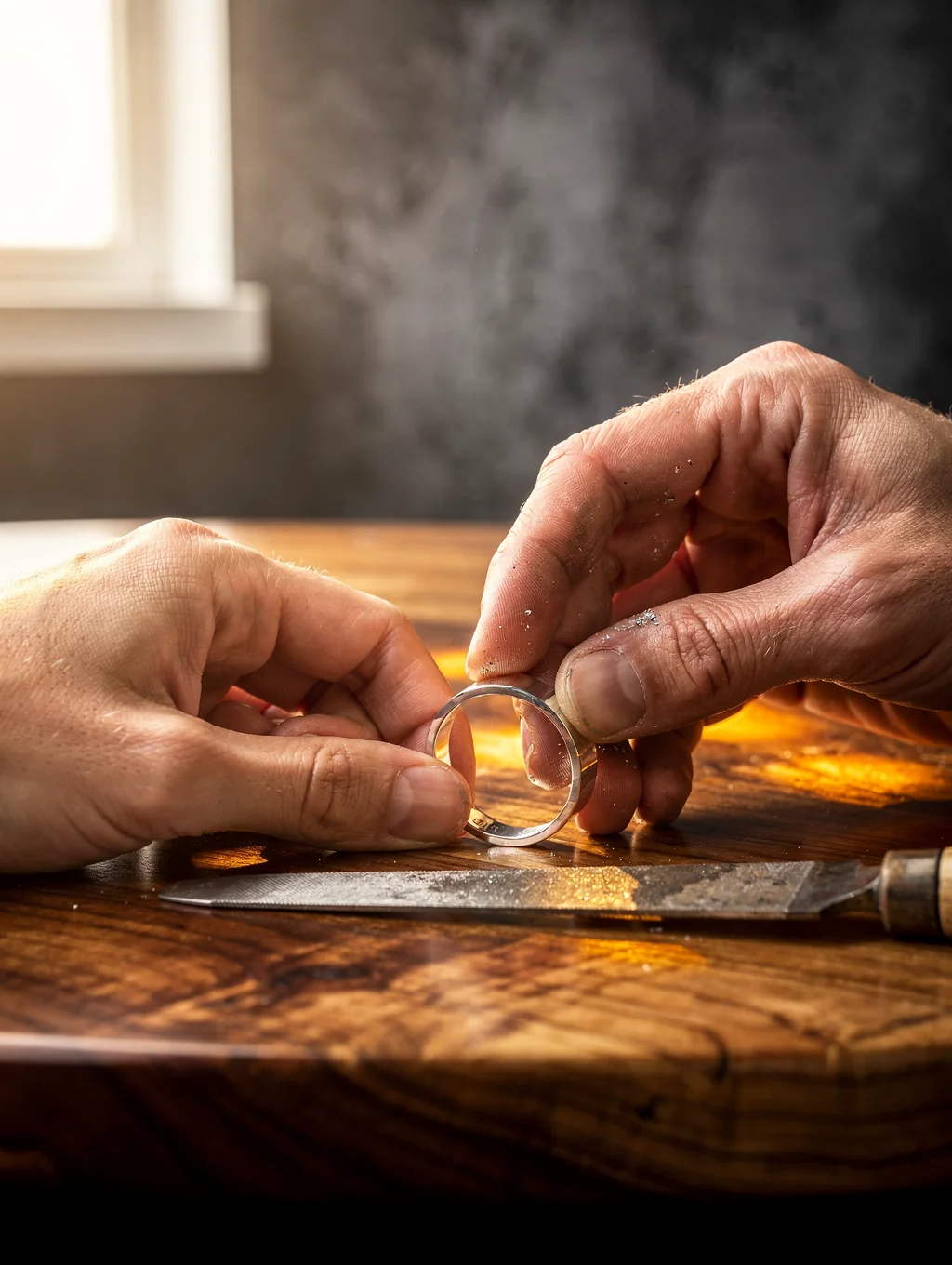 Silversmith's hands shaping raw sterling silver on a jeweler's anvil with chisels